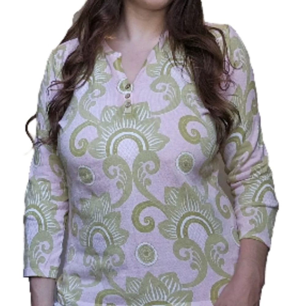 J. McLaughlin pink green paisley print long sleeve sweater cotton preppy top M